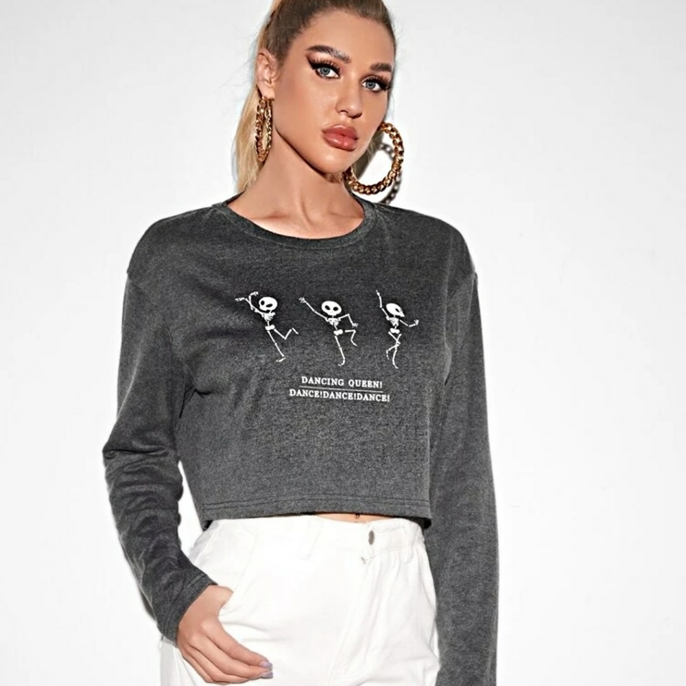 ♡ SKELETON GRAPHIC PRINT CROPPED TOP | Sweatshirt Top Marble Grey Sm - Picture 4 of 6